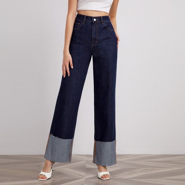 

High Waist Color Block Straight Leg Jeans, Dark wash