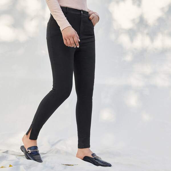 

Buttoned Waist Split Side Skinny Pants, Black