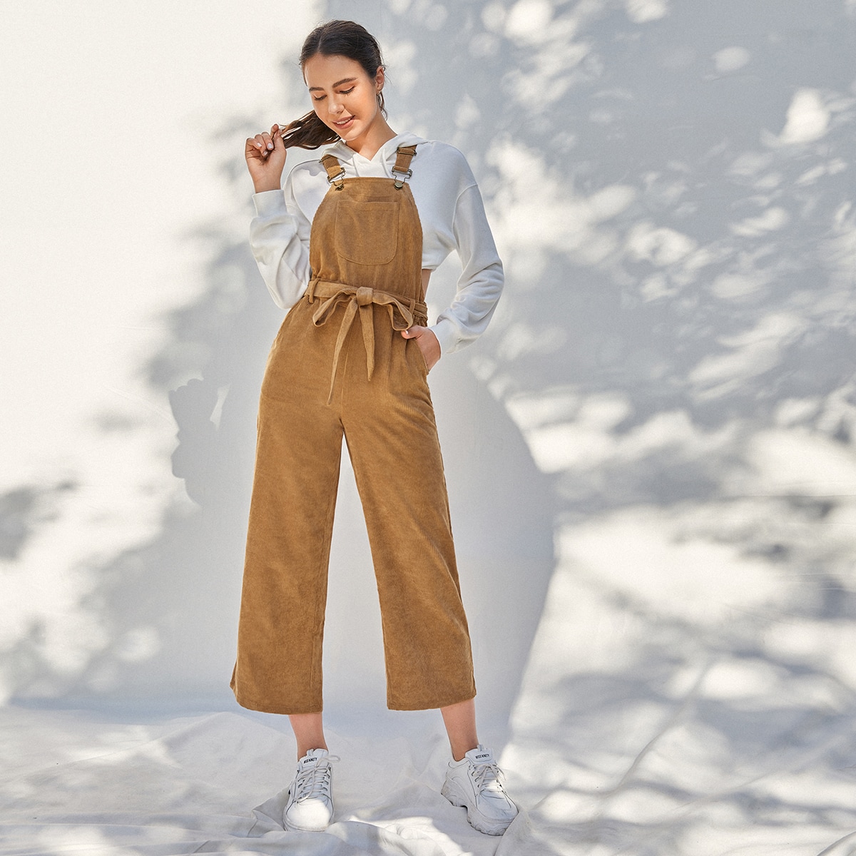Image of Adjustable Strap Pocket Front Self Belted Cord Jumpsuit