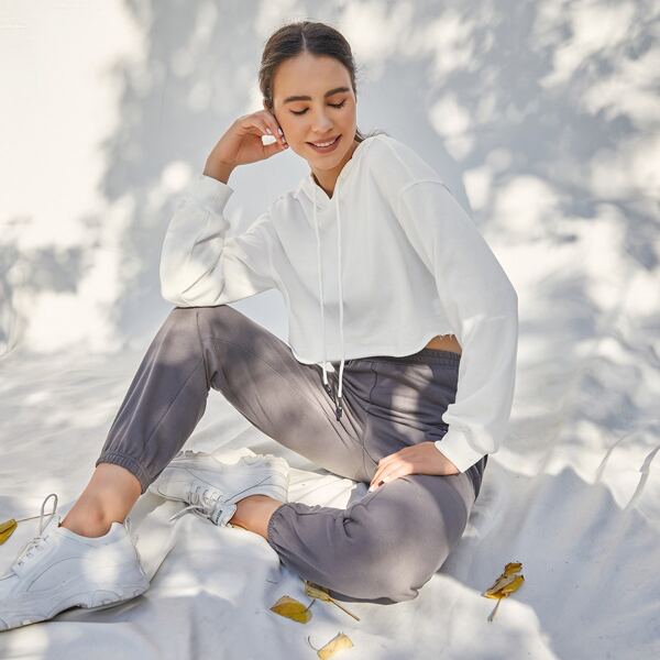 

Drop Shoulder Crop Hoodie, White