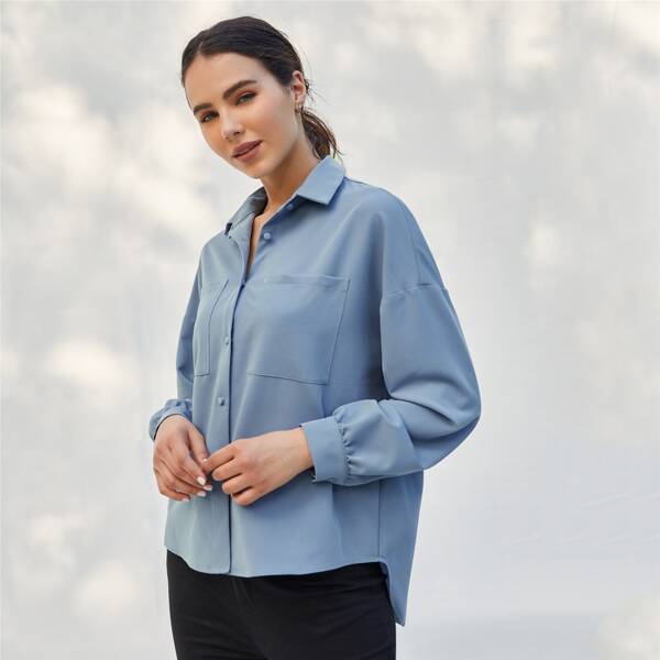 

Drop Shoulder Pocket Patched Blouse, Dusty blue