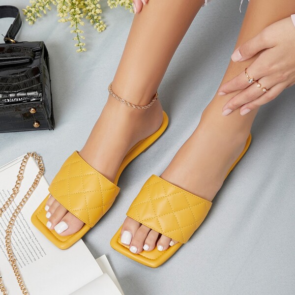 

Faux Leather Quilted Square Toe Slide Sandals, Yellow