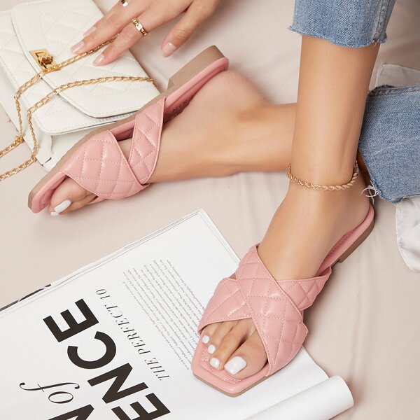 

Faux Leather Puffy Crisscross Strap Slipper Sandals, Pink