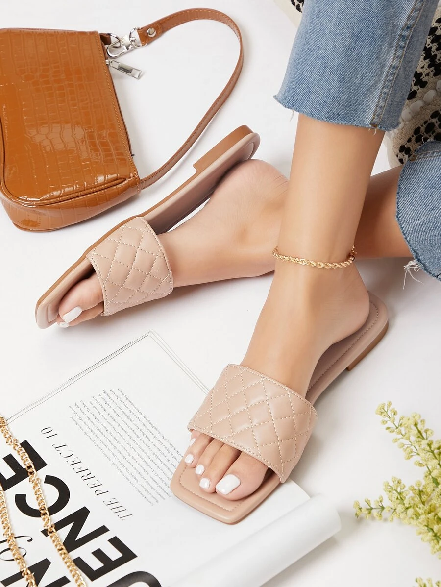 Puffy Vegan Leather Slipper Sandals - Beige - View 1
