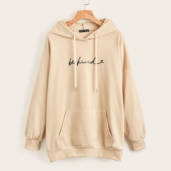 

Kangaroo Pocket Letter Graphic Drawstring Hoodie, Apricot