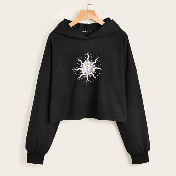 

Drop Shoulder Graphic Print Crop Hoodie, Black