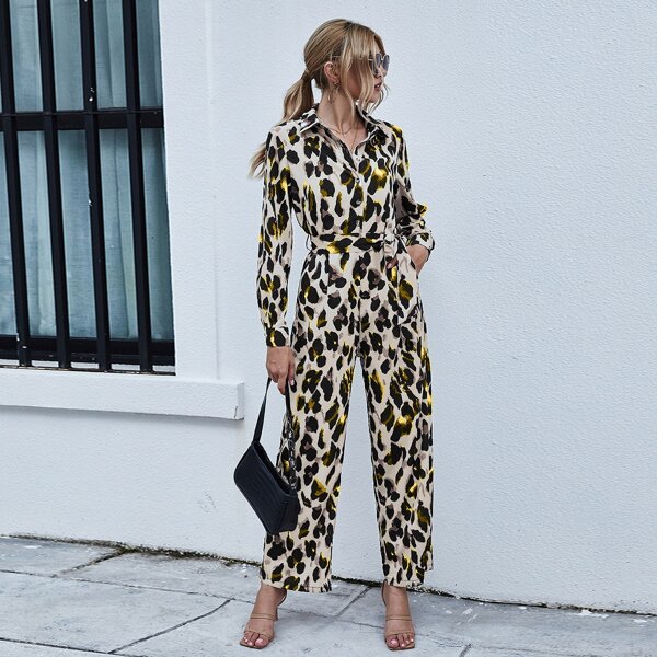 

Leopard Print Button Front Belted Jumpsuit, Multicolor
