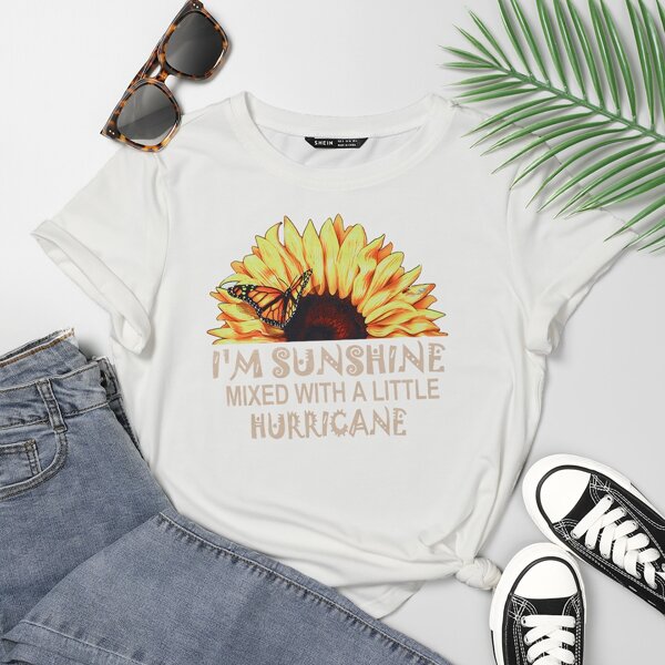 

Sunflower And Slogan Graphic Tee, White