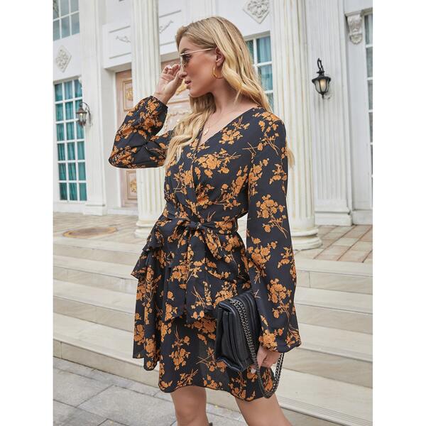 

Floral Print Surplice Neck Ruffle Hem Belted Dress, Multicolor