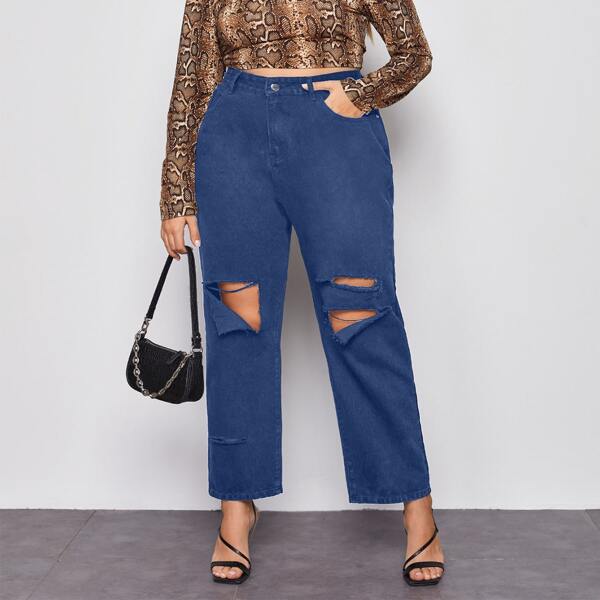 

Plus High Waist Ripped Straight Leg Jeans, Medium wash