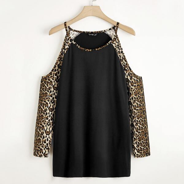 

Plus Leopard Colorblock Cold Shoulder Tee, Black