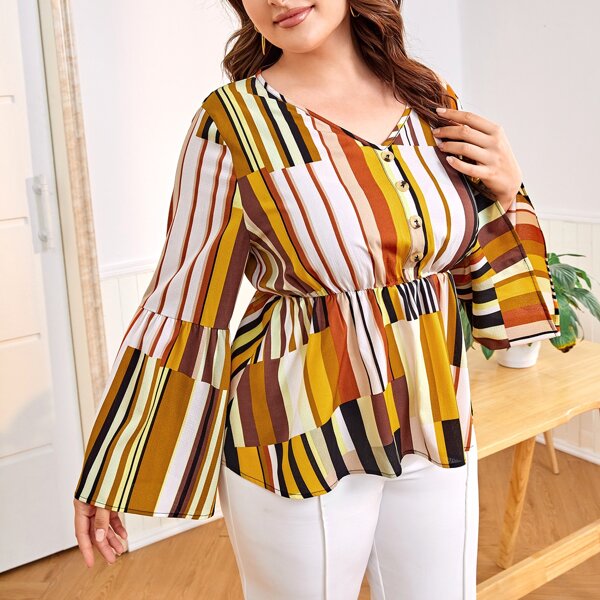 

Plus Colorful Striped Babydoll Blouse, Multicolor