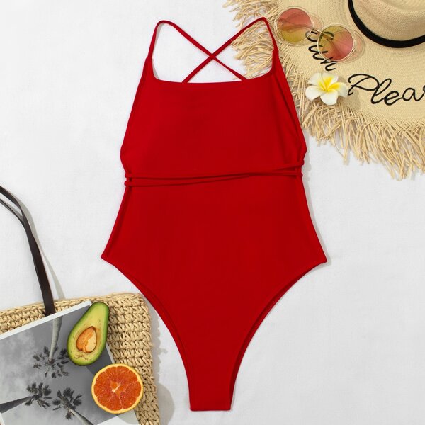 

Solid Tie Back One Piece Swimsuit, Red