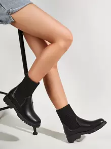 Contrast PU Ankle Sock Boots - Black - View 1