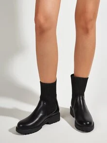 Contrast PU Ankle Sock Boots - Black - View 3