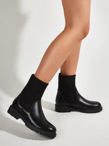 Contrast PU Ankle Sock Boots - Black - View 4