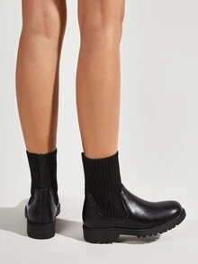 Contrast PU Ankle Sock Boots - Black - View 5
