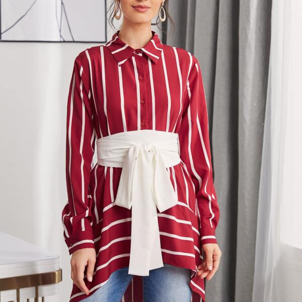 

High Low Hem Stripe Belted Tunic Top, Burgundy