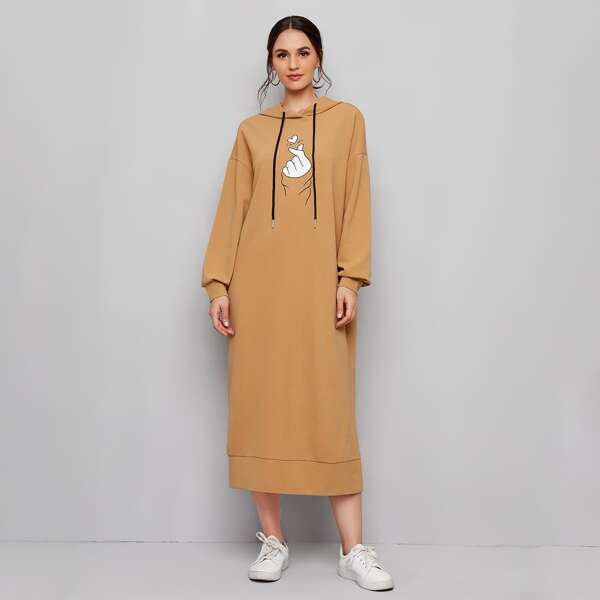 

Gesture Graphic Drawstring Hooded Dress, Camel