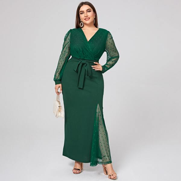 

Plus Polka Dot Mesh Bodice Belted Godet Hem Dress, Dark green