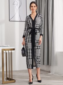 Modelyn Houndstooth Split Hem Belted Dress - Black and White - View 1