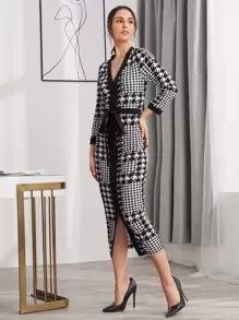 Modelyn Houndstooth Split Hem Belted Dress - Black and White - View 3