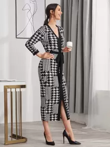 Modelyn Houndstooth Split Hem Belted Dress - Black and White - View 5