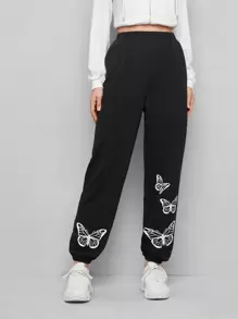 SHEIN EZwear Floral Print Joggers - Black - View 1