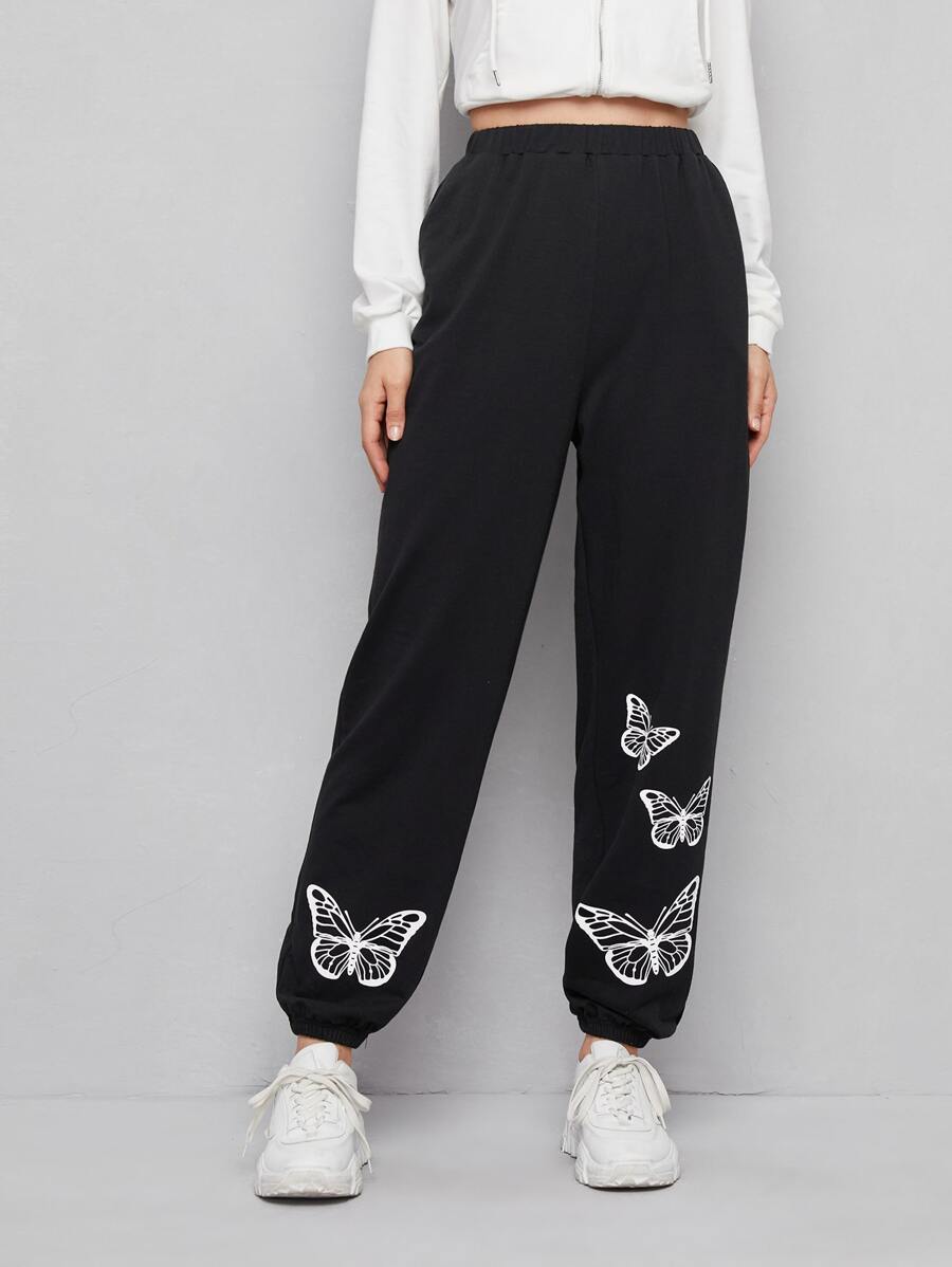 SHEIN EZwear Floral Print Joggers - Black - View 1