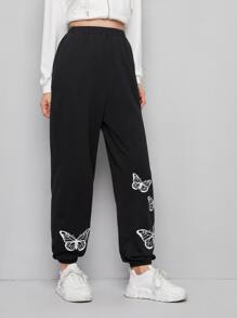 SHEIN EZwear Floral Print Joggers - Black - View 3