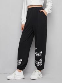SHEIN EZwear Floral Print Joggers - Black - View 5