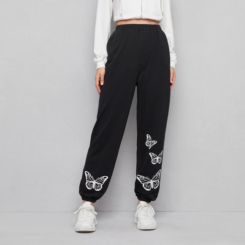 

Floral Print Joggers, Black