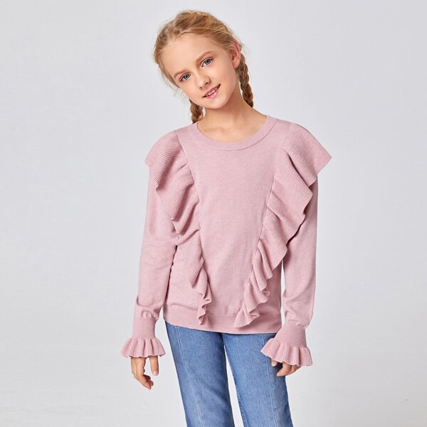 

Girls Ruffle Trim Solid Sweater, Dusty pink