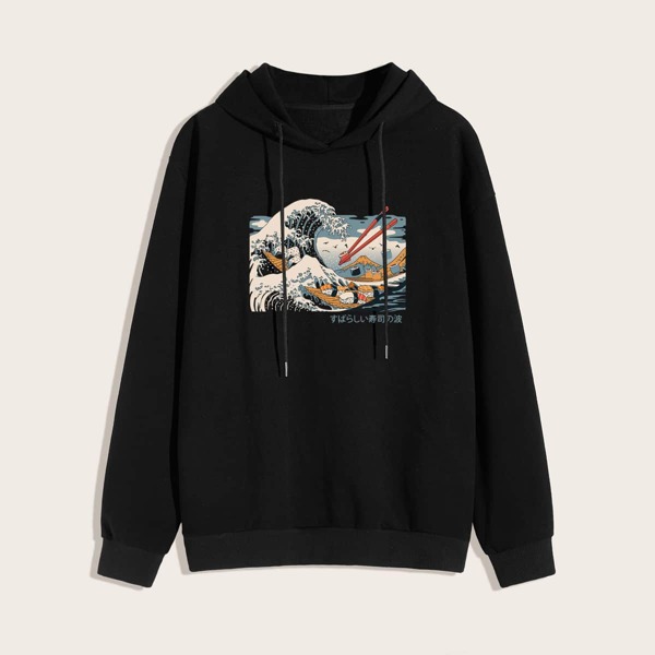 

Men Japanese Letter Graphic Drawstring Hoodie, Black