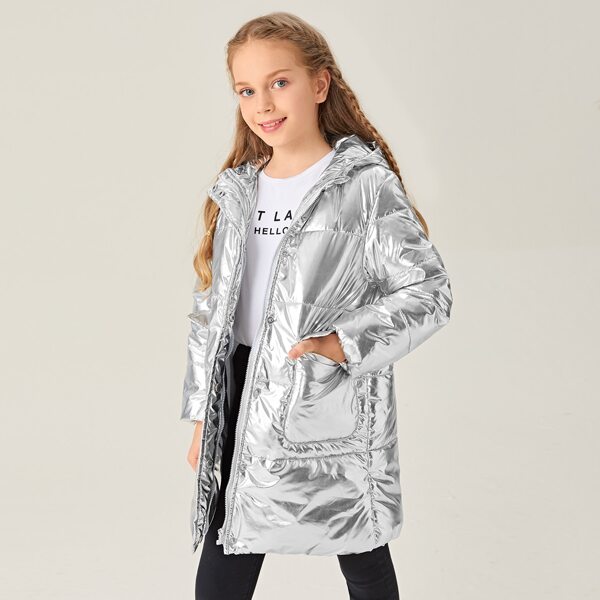

Girls Pocket Front Metallic Padded Coat, Silver