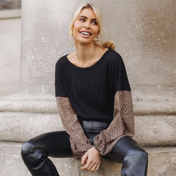 

Graphic Print Lantern Sleeve Rib-knit Top, Black