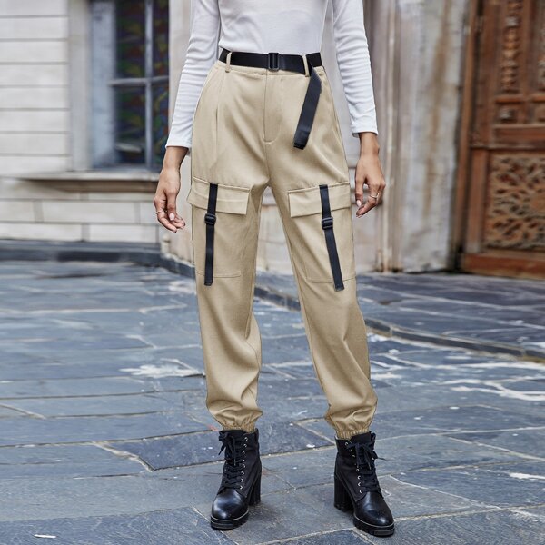 

Solid Flap Pocket Belted Cargo Pants, Apricot