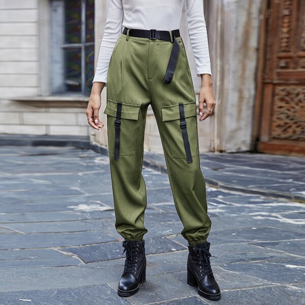 

Solid Flap Pocket Belted Cargo Pants, Army green