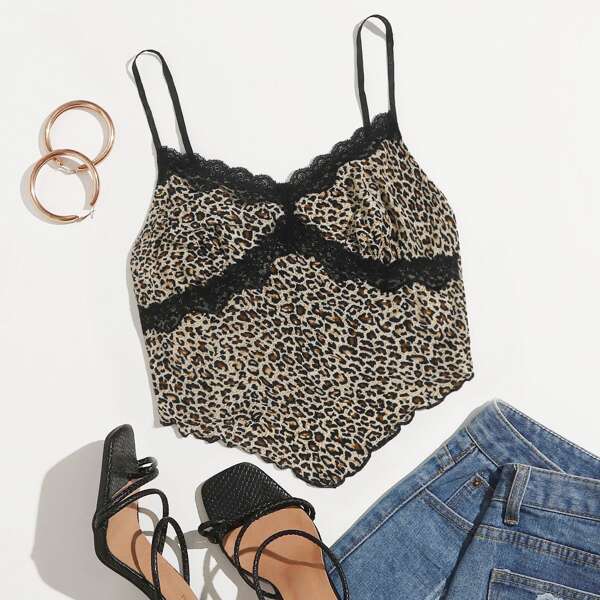 

Contrast Lace Leopard Asymmetrical Hem Cami Top, Multicolor