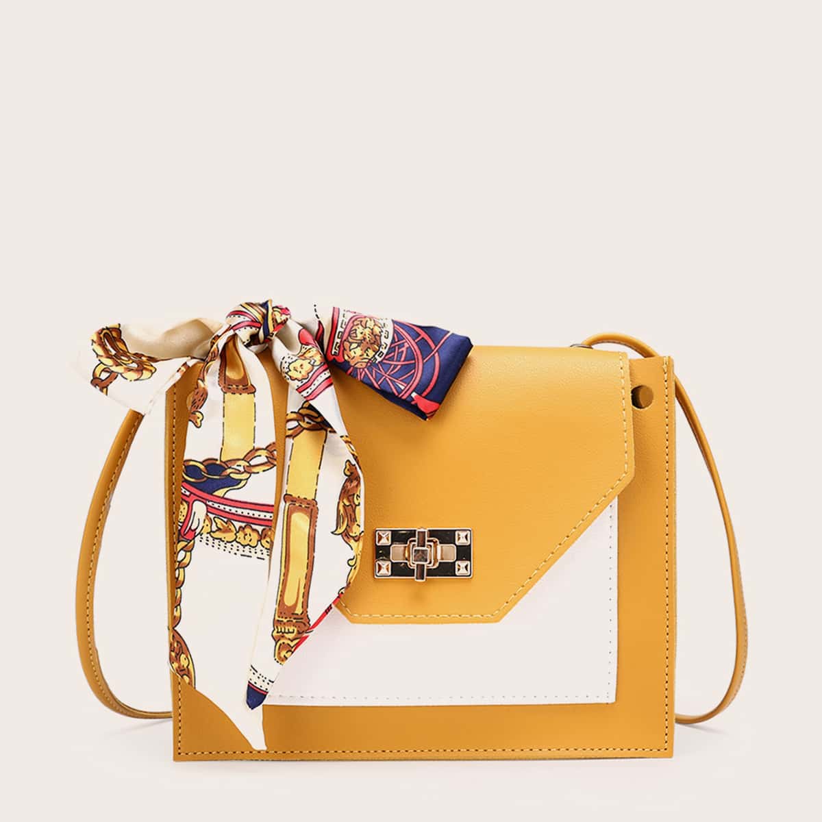 

Random Twilly Scarf Decor Two Tone Crossbody Bag, Yellow