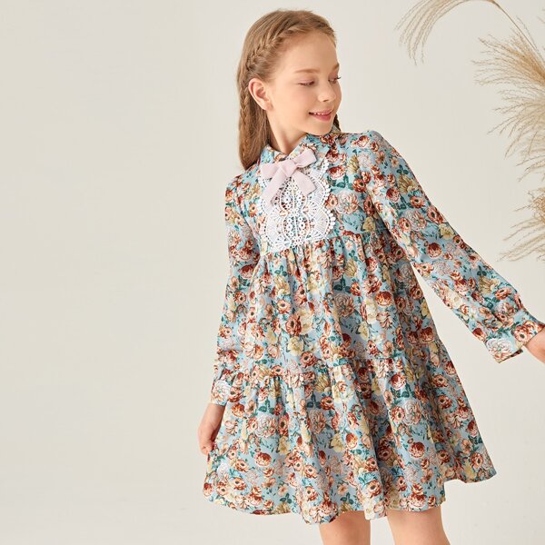 

Girls Tie Front Guipure Lace Trim Floral Smock Dress, Multicolor