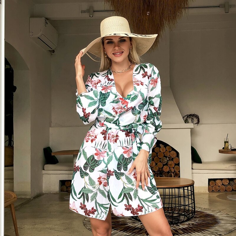 

Floral & Plant Print Knot Front Kimono, Multicolor