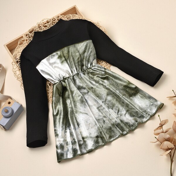 

Toddler Girls Mock Neck Contrast Tie Dye Velvet Panel Dress, Multicolor