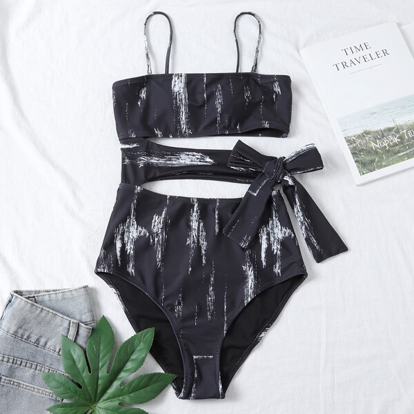 

Graphic Cut-out Tie Waist Bandeau One Piece Swimsuit, Black