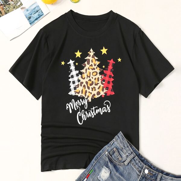 

Plus Christmas Slogan & Tree Print Tee, Black