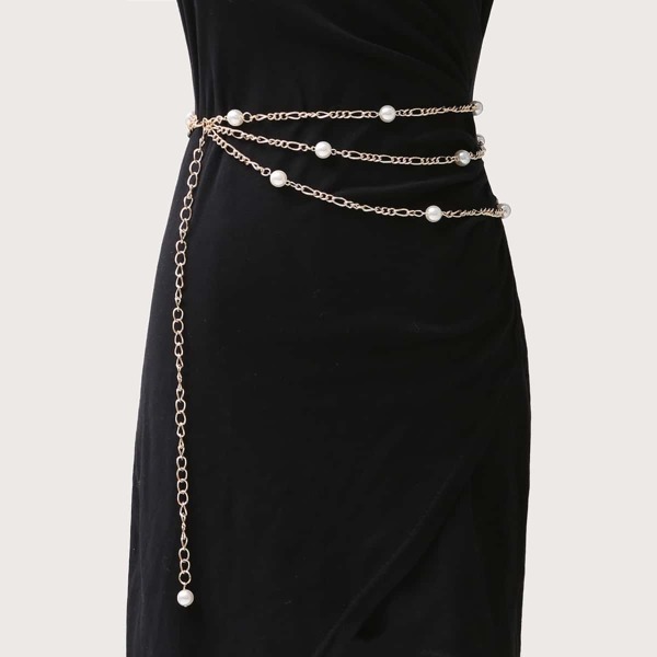 

Faux Pearl Decor Layered Belt, Gold