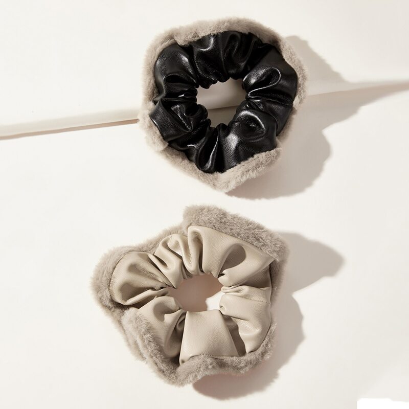 

2pcs Fluffy PU Leather Scrunchie, Multicolor