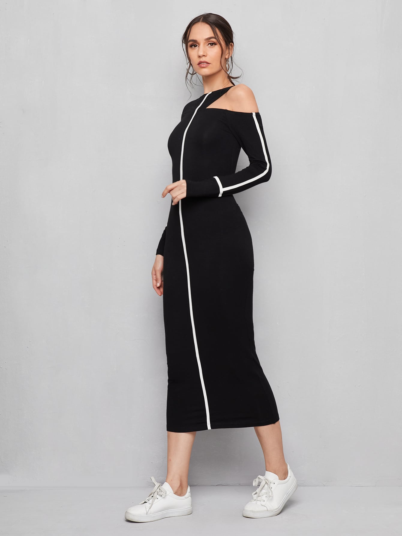 Asymmetrical Neck Contrast Binding Dress thumbnail