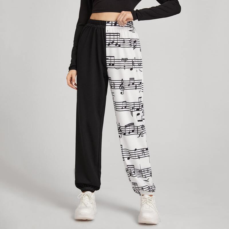 

Two Tone Graphic Print Sweatpants, Black and white
