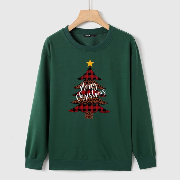 

Christmas Print Crew Neck Sweatshirt, Green